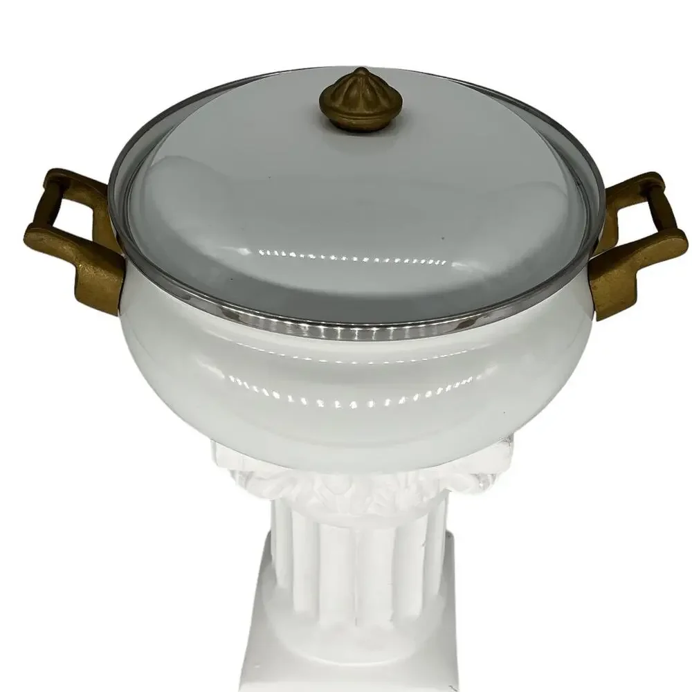 Tivoli Vintage White Enamelware Stock Pot with Lid | Brass Handles Retro Kitchen